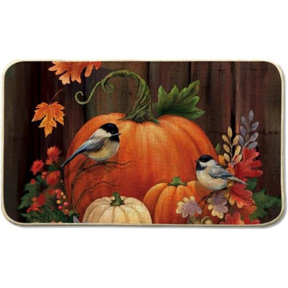 Fall Pumpkin Front Door Mat Indoor Outdoor Entrance 17x29, Autumn Maple Leaves - Picture 1 of 7